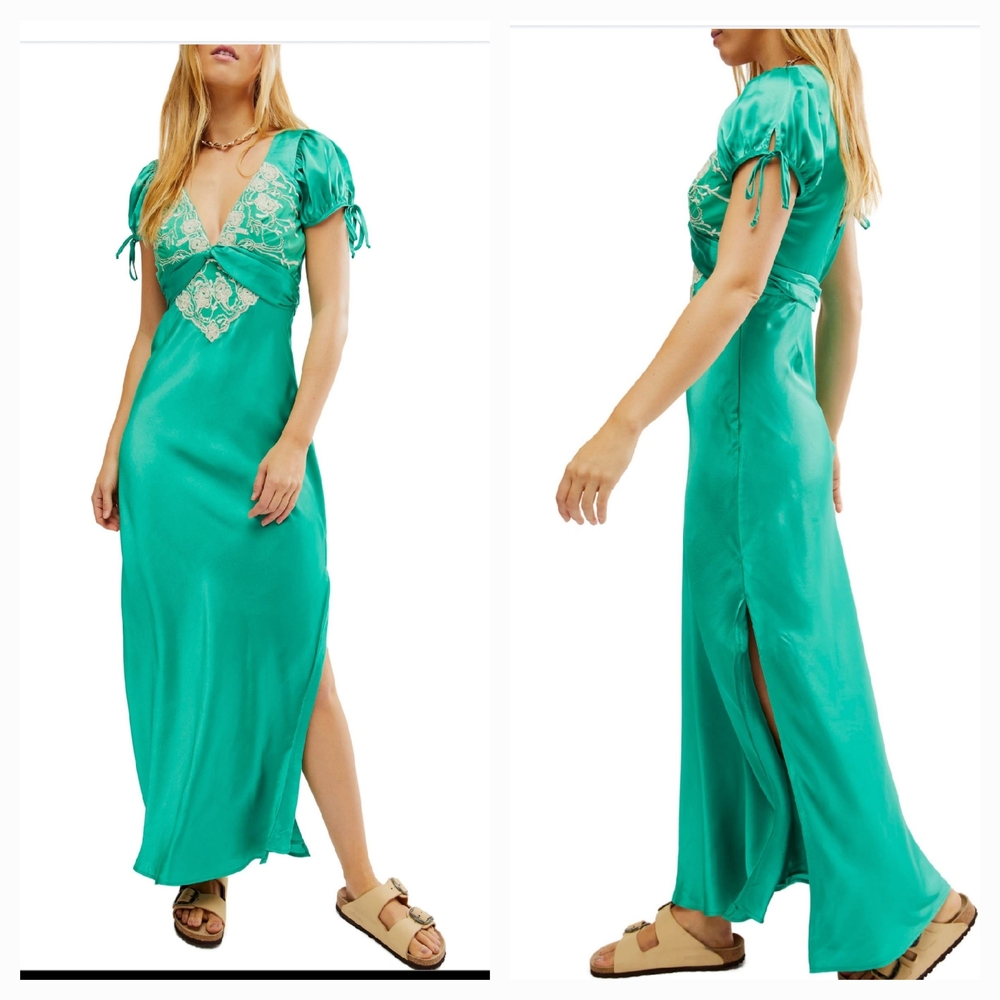 Vibrant Teal Maxi Dress with Embroidery